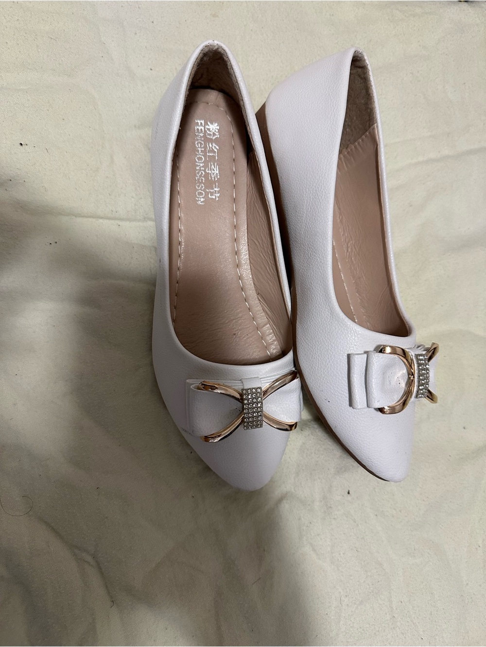 SHEIN White Pointed Toe Flats with Gold Bow Embellishment